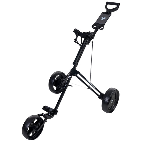 A black golf push cart stands upright with a handle and a platform for holding a golf bag. Its two large wheels are designed for smooth navigation on a golf course.