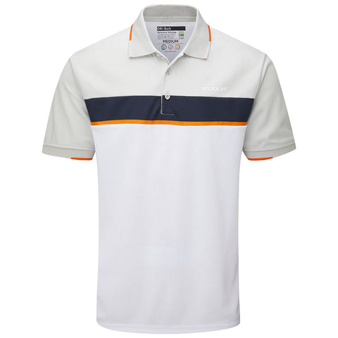 A polo shirt is displayed featuring a white base with gray sleeves a dark blue horizontal stripe and orange accents at the collar and sleeves showcasing a sporty design.