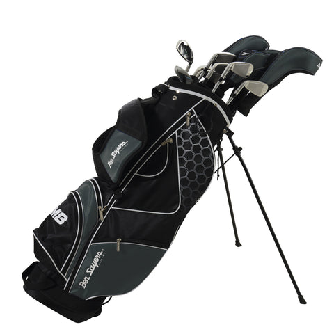 A black golf bag stands upright with clubs partially visible at the top and straps to carry it. The bag has a honeycomb design and is set on a flat surface.