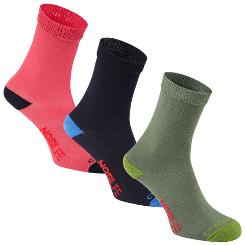 Three pairs of colorful socks are displayed side by side. The socks are red, black, and green each featuring a logo. They are designed for casual or outdoor wear.