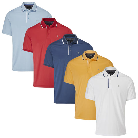 Five polo shirts are displayed in a row featuring different colors including light blue red navy yellow and white with contrasting collars and a logo on the chest