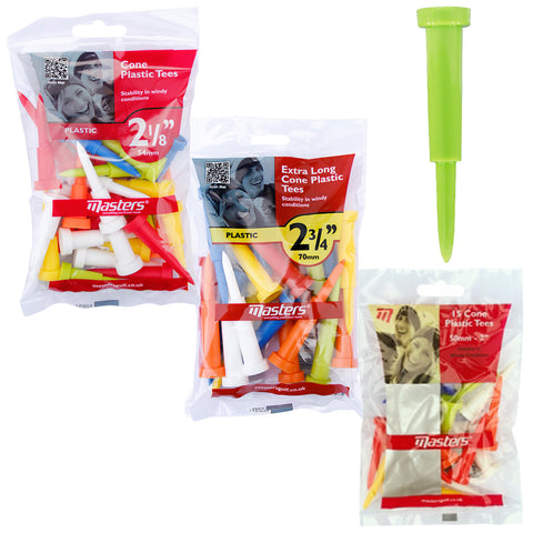 Plastic golf tees of various lengths are displayed in three transparent packages with colorful tees inside and a single green tee standing upright against a white background.