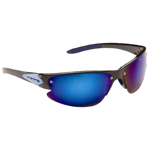 Sunglasses feature a sleek black frame with blue-tinted lenses reflecting purple hues resting on a plain background showing their design and color scheme prominently.