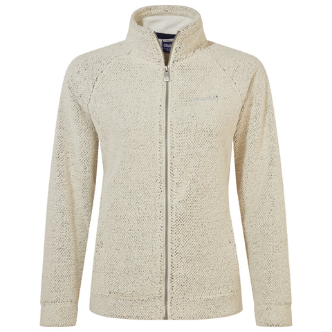 Beige zip-up sweater with a high collar features a textured knit pattern and long sleeves displayed against a plain white background. The brand label is visible inside the collar.