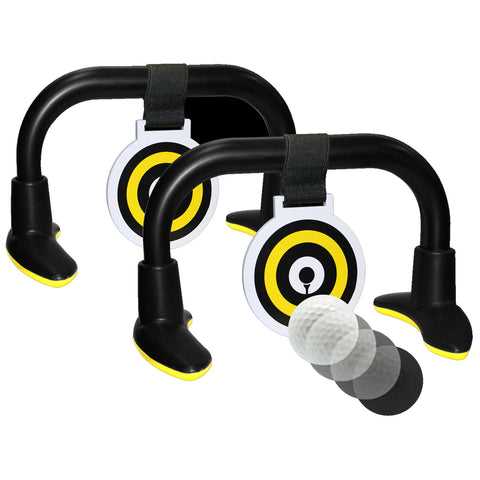 A pair of targets with yellow and black concentric circles is mounted on curved arms designed for golf practice as a golf ball approaches them in a sequence of motion.