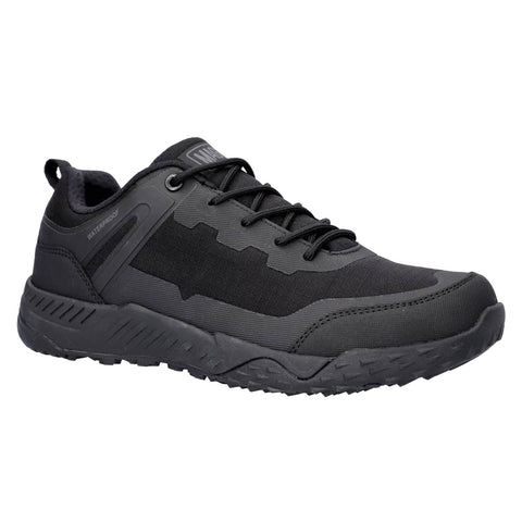 A black waterproof shoe designed for outdoor activities features a textured sole and a layered upper for durability and support positioned on a plain background.