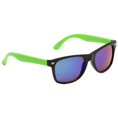 Black-framed sunglasses with green arms reflect a gradient of colors in the lenses showcasing purple and blue hues against a plain white background emphasizing their vibrant design and casual style.