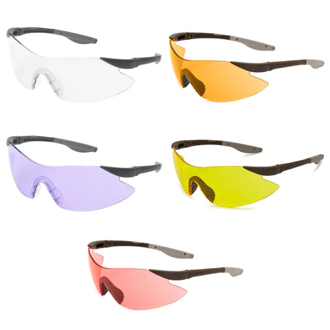 Five pairs of safety sunglasses are arranged horizontally. Each pair features a different colored lens including clear orange purple yellow and red. They are designed for protection and visibility in various conditions.