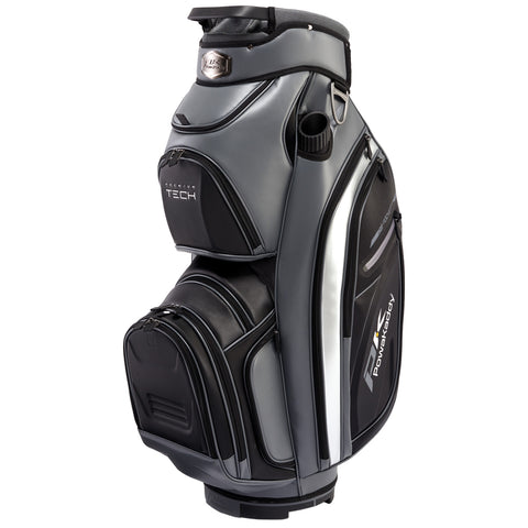 A gray and black golf bag stands upright featuring multiple pockets for storage a built-in drink holder and a sturdy base designed for transporting golf clubs and accessories on the course