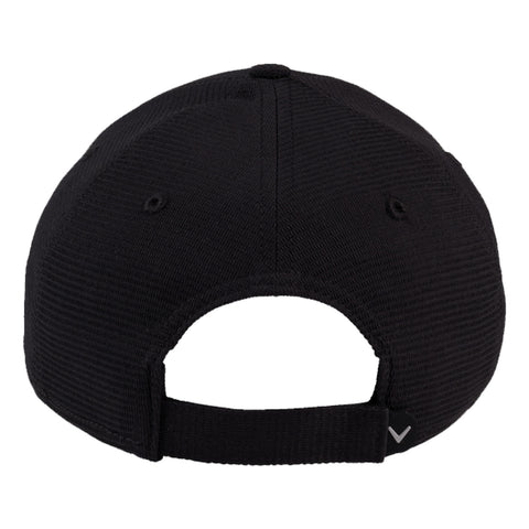 A black baseball cap is displayed showing the rear side with an adjustable strap and ventilation holes the fabric has a textured pattern indicating a casual style suitable for outdoor wear.