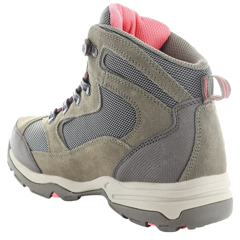 A hiking boot rests on its heel displaying a combination of grey suede and mesh materials while showcasing a padded pink collar suitable for outdoor activities.