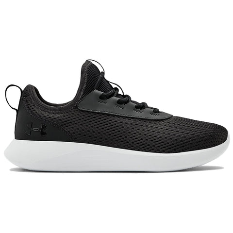 A black athletic shoe featuring a mesh upper and a white sole is displayed facing left with laces and a pull tab at the heel highlighting its lightweight design and sporty style.