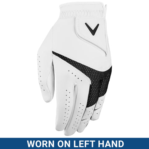 A white golf glove with a black mesh section is displayed upright showing its surface and fingers indicating it is designed for use on the left hand with a label stating WORN ON LEFT HAND.