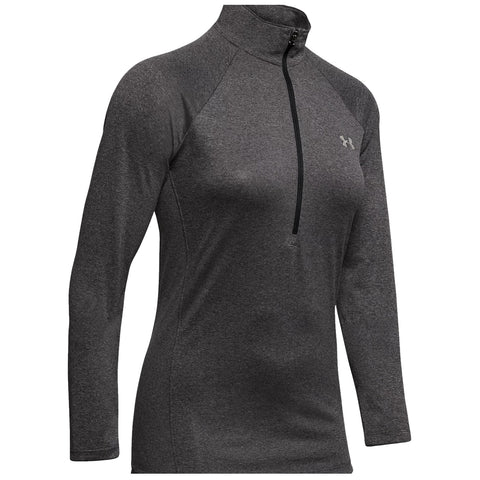 A dark gray long-sleeve athletic shirt is displayed frontally featuring a quarter zipper and a high collar suitable for exercise or outdoor activities against a plain background.