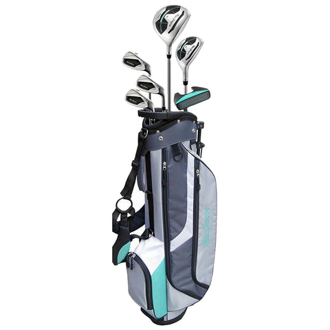 A golf bag stands upright holding several clubs including drivers and irons showcasing a mix of silver and teal colors the bag is designed for ease of transport and storage.