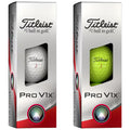 Two boxes of Titleist Pro V1x golf balls are displayed side by side each showcasing a different color ball one is white and the other is bright green both are labeled with Titleist branding and the number one.