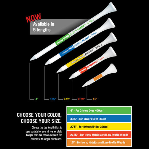 Five golf tees in various lengths are displayed vertically against a black background. The tees are labeled with colors and sizes, indicating their suitability for different types of golf clubs. Text provides instructions on selecting tee length based on club type.