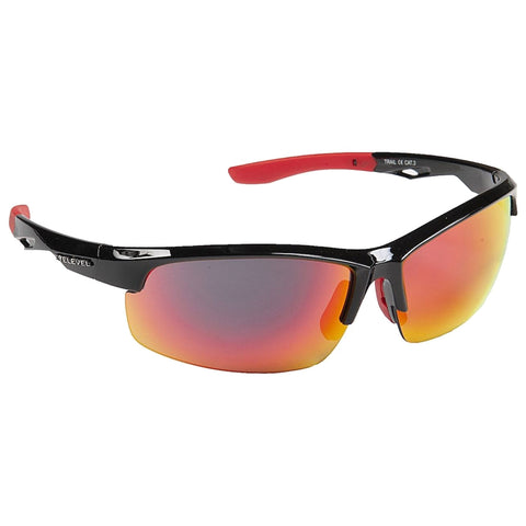 Sunglasses with a black frame and red accents feature reflective orange-tinted lenses designed for outdoor use resting against a neutral background showcasing their sporty and stylish design.