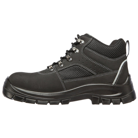 A black hiking boot features a sturdy design with lacing and mesh panels for breathability sitting on a rugged sole suitable for outdoor activities in various terrains