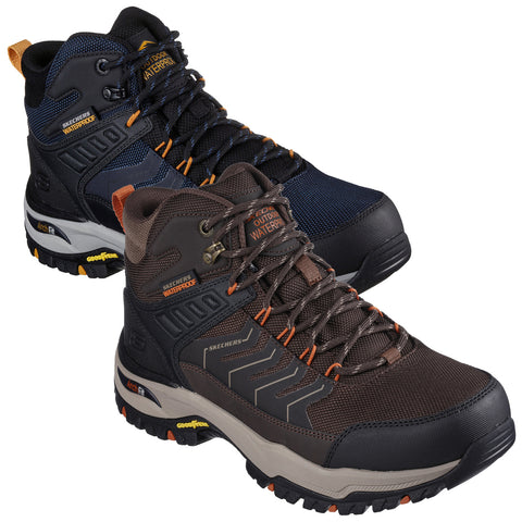 Two pairs of waterproof hiking boots are displayed. The boots are black and blue, and brown and dark grey. They feature a rugged design suitable for outdoor activities.