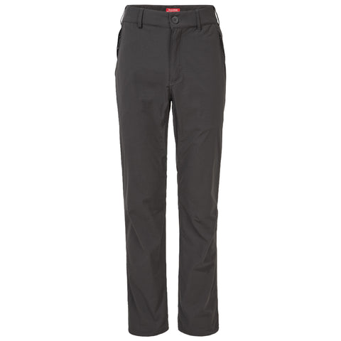 Dark gray pants hang vertically showcasing a straight-leg design with a button closure visible at the top surrounded by a plain background, suitable for casual or outdoor activities.