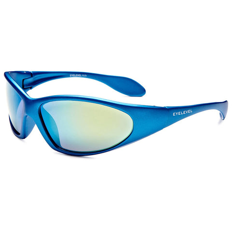 A pair of blue, aerodynamic sunglasses are positioned at an angle showcasing reflective lenses designed for outdoor activities against a plain white background.