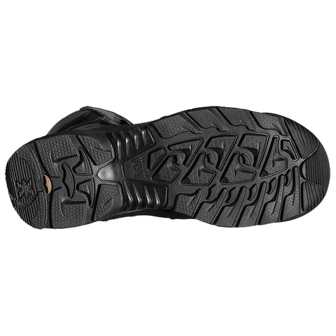 A black shoe sole is displayed featuring a rugged tread pattern designed for traction and stability in various terrains situated against a plain background.