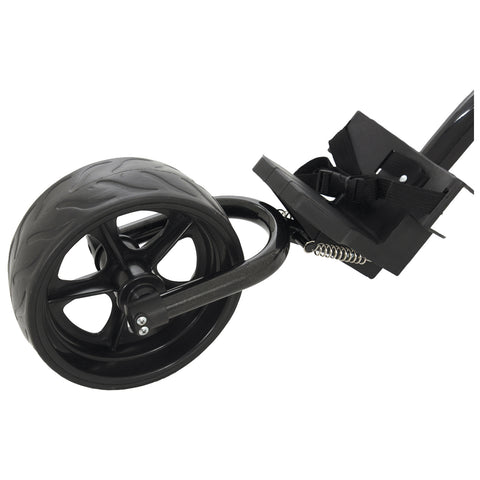 A black rubber wheel with five spokes is positioned at an angle connected to a frame with a footrest and a spring mechanism suggesting mobility in a recreational or transport context.