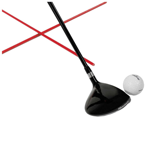 A black golf driver is positioned next to a white golf ball while two red alignment sticks lay crossed in the background indicating a training or practice setting.