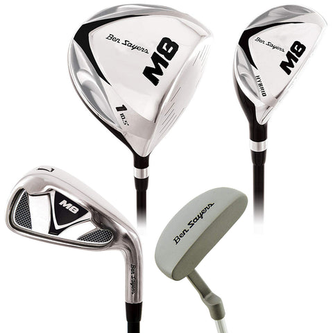 A set of golf clubs is displayed including a driver hybrid iron and putter showcasing shiny metallic surfaces and distinctive branding designed for performance on golf courses.