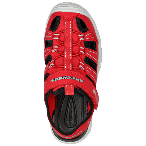 A red sports sandal lies flat with an adjustable strap and a textured upper featuring cutouts for ventilation showcasing a sporty design intended for active use in warm environments.