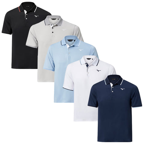 Five polo shirts in various colors including black gray light blue white and navy are displayed vertically with the logos visible on each shirt showcasing a variety of styles