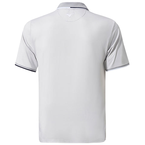 A gray short-sleeved polo shirt is displayed with a collar and contrasting trim on the sleeves and neck, set against a plain background.