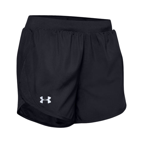 Black athletic shorts are displayed flat. They feature an elastic waistband and a side slit design. The Under Armour logo is visible on the lower left seam.