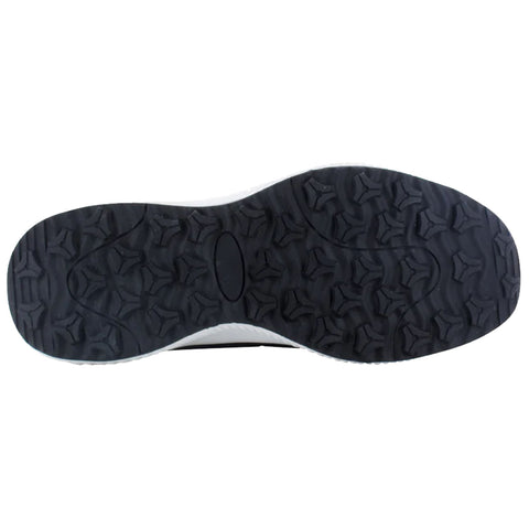 A black rubber shoe sole rests flat showcasing a textured surface with patterns for grip, demonstrating functionality for traction in various environments like sports or outdoor activities.