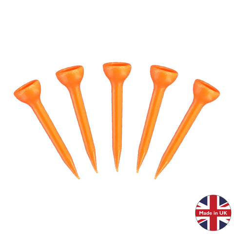 Five orange golf tees are arranged in a line with pointed ends facing downward indicating their use for holding golf balls above the ground made in UK with a British flag symbol