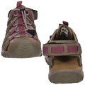 A pair of outdoor sandals features a brown and maroon design with adjustable straps and a sturdy rubber sole visible from the front and side angles on a neutral background.