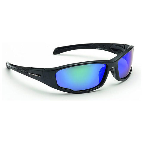 Black sunglasses with blue tinted lenses are displayed prominently. They are designed with a sporty frame and feature a logo on the side, suitable for outdoor activities.