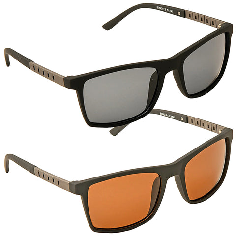 Eyelevel Mens Bondi Polarized Sunglasses Two pairs of sunglasses are displayed on a light background one set has gray lenses and the other has orange lenses both have black plastic frames with a modern design