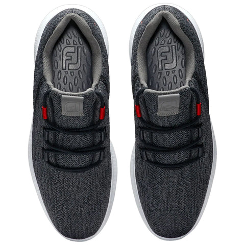 Gray textured golf shoes with black laces and red accents rest side by side showcasing the logo inside the tongue on a neutral background.