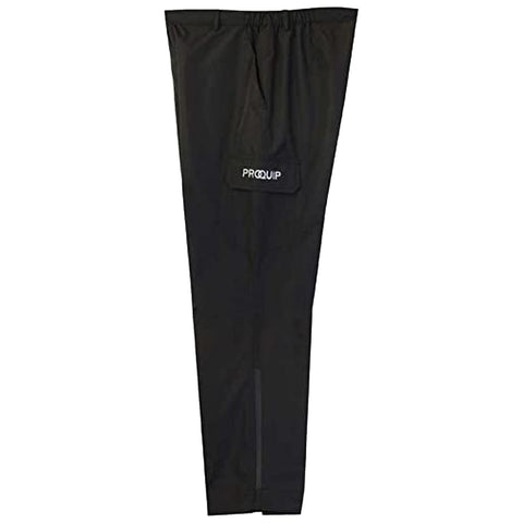 Black waterproof pants hang vertically with an elastic waistband and a pocket labeled PROQUIP on the front showcasing a simple, practical design suitable for outdoor activities.