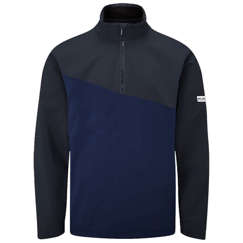 A dark blue and black half-zip pullover jacket is displayed front-facing showcasing a sleek design with a high collar and long sleeves, suitable for casual outdoor wear.