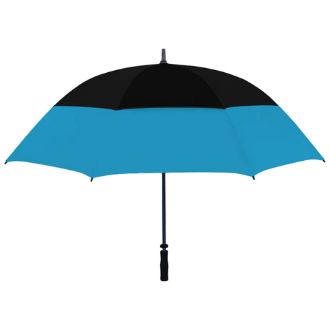 A two-toned umbrella features a black top and a bright blue bottom resting upright on a handle ready for use in outdoor settings to provide shelter from rain or sun.