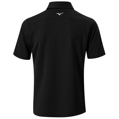 A black polo shirt is displayed with a collar and short sleeves featuring a small logo at the back. The fabric appears smooth and suitable for casual or sporty contexts.