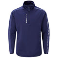 A navy blue half-zip pullover features a high collar and long sleeves with contrasting shoulder panels and branded tape along the sleeves in a casual clothing context.