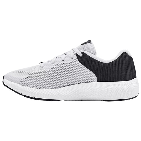 A lightweight athletic shoe features a white mesh upper and a black textile section on the heel providing breathability and support in a neutral background suitable for various activities.