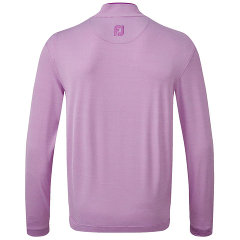 A purple long-sleeve shirt is displayed facing away with a collar and a logo stitched at the back near the neck in a plain setting.