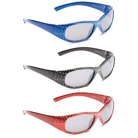 Eyelevel Kids Cobweb Sunglasses Three pairs of sunglasses are displayed in a stacked arrangement. Each pair features unique colors: blue, black, and red with a spider web design on the frames. The lenses are translucent.