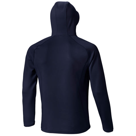 A dark navy hoodie is displayed with the back facing the viewer its hood is up and sleeves are long showcasing a sleek and minimalistic design suitable for casual wear.