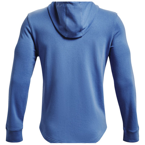 A blue hooded sweatshirt is displayed hanging upside down with the back visible featuring long sleeves and a hood creating a casual and comfortable appearance suitable for everyday wear